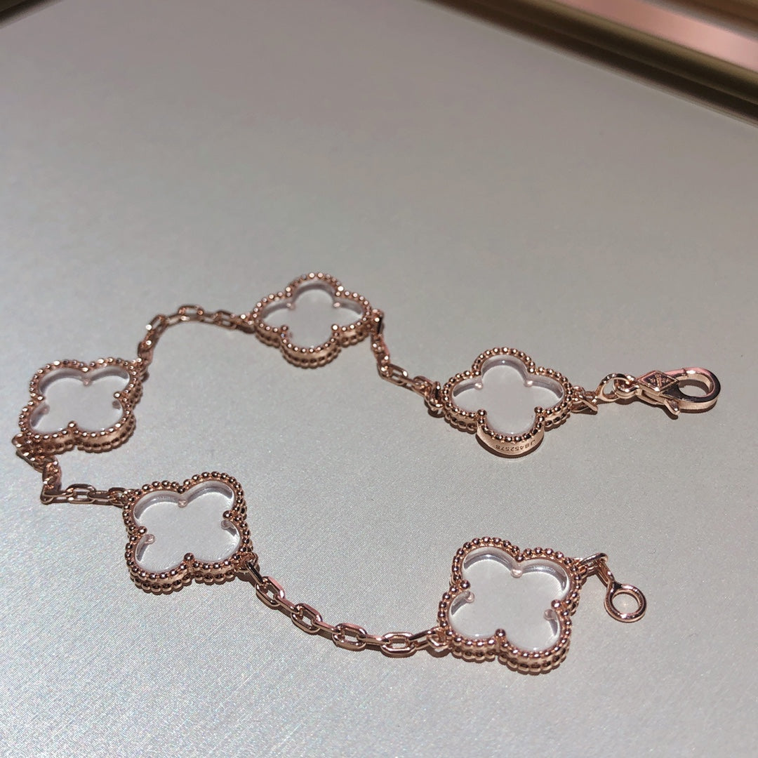 [Mystic]CLOVER 5 MOTIF ROCK CRYSTAL PINK GOLD BRACELET