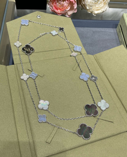[Mystic]CLOVER 16 MOTIF CHALCEDONY MOP SILVER NECKLACE