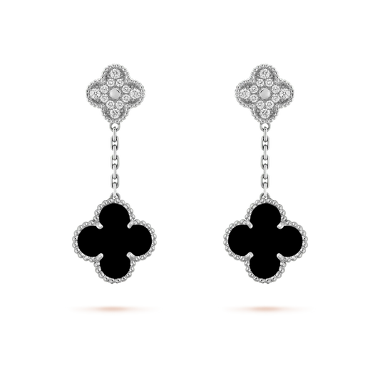 [Mystic]CLOVER 2 MOTIFS  DIAMOND ONYX EARRINGS SILVER